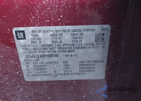 2017 Chevrolet Equinox Lt из США, поврежденный, VIN 2GNALCEK6H1588100